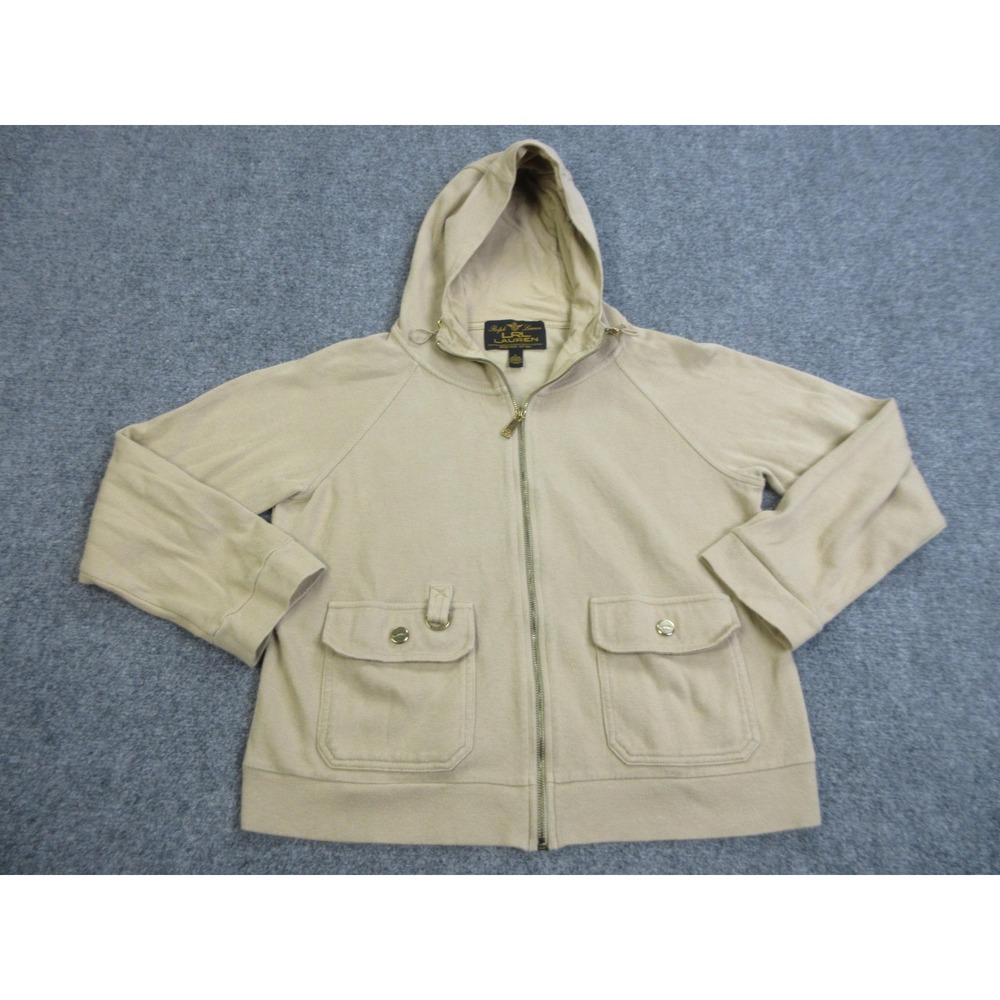 Lauren Ralph Lauren Hoodie‎ Womens Large Beige Full Zip Cotton Utility Pockets